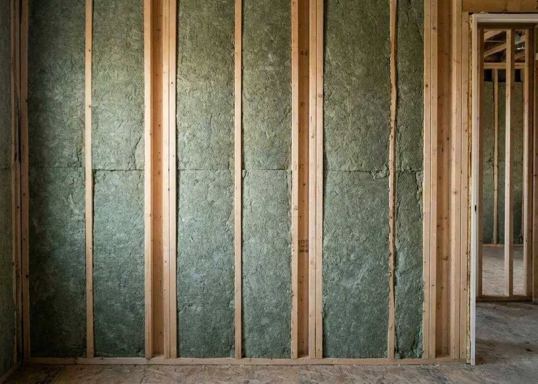 Greenish-gray stone wool acoustic batts fill the cavities of an interior stud wall between two rooms before drywall.