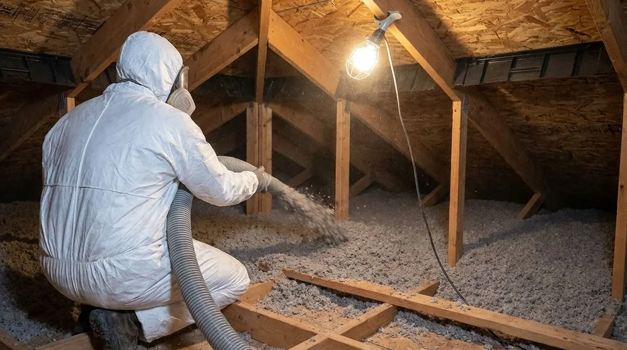 An installer in a respirator kneels on a truss in an attic and directs a thick hose that blows gray loose-fill insulation across the attic floor.