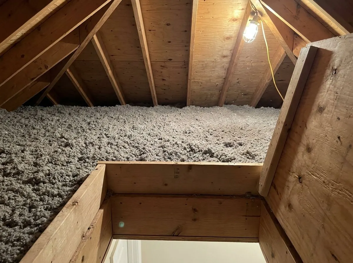 A thick gray cellulose layer covers an attic floor evenly up to the tops of the truss chords, with a wooden hatch dam in the foreground.