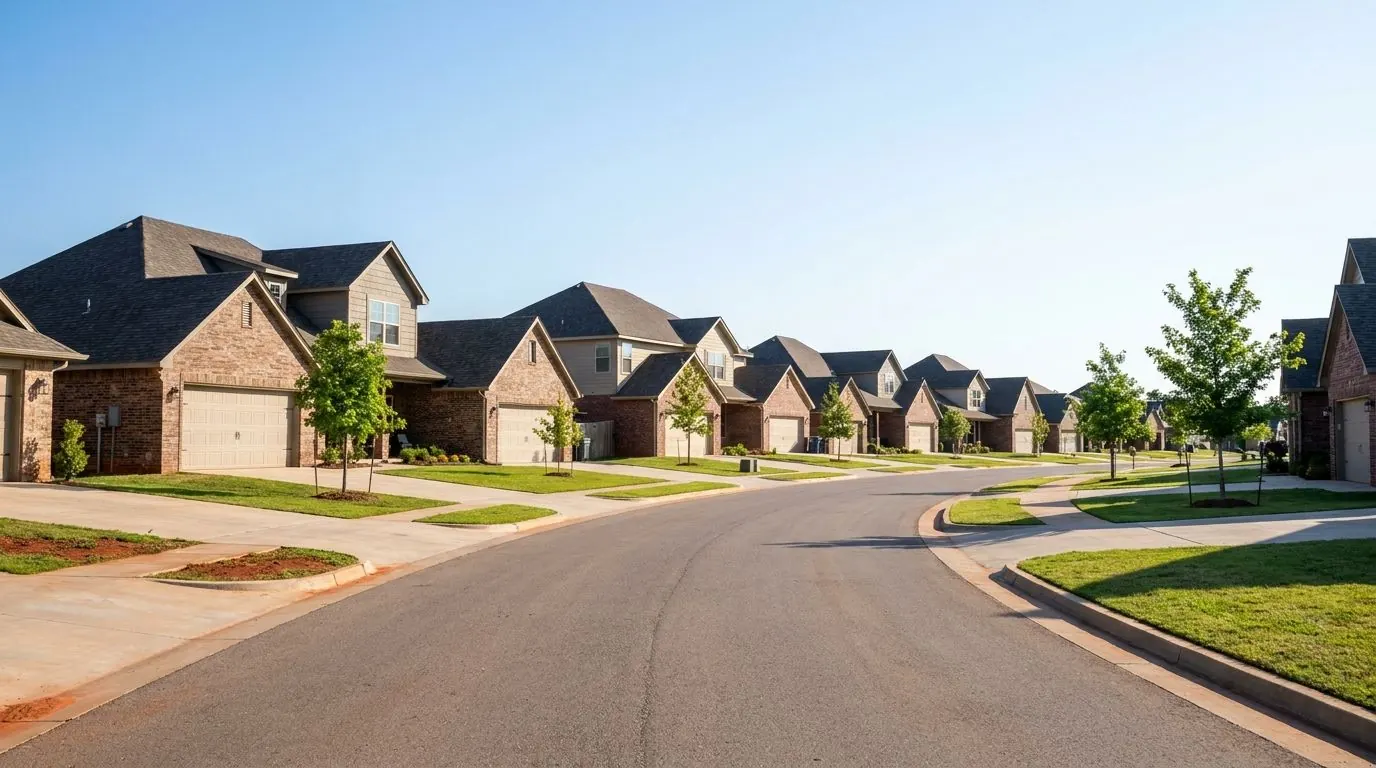 A curving street of two-story brick homes with attached garages and bonus rooms above them, young trees and green lawns under a clear sky.