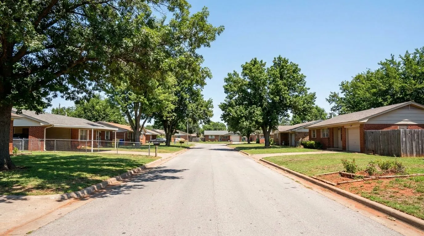 Small one-story mid-century brick and wood-sided ranch homes with carports and mature shade trees along a quiet street.