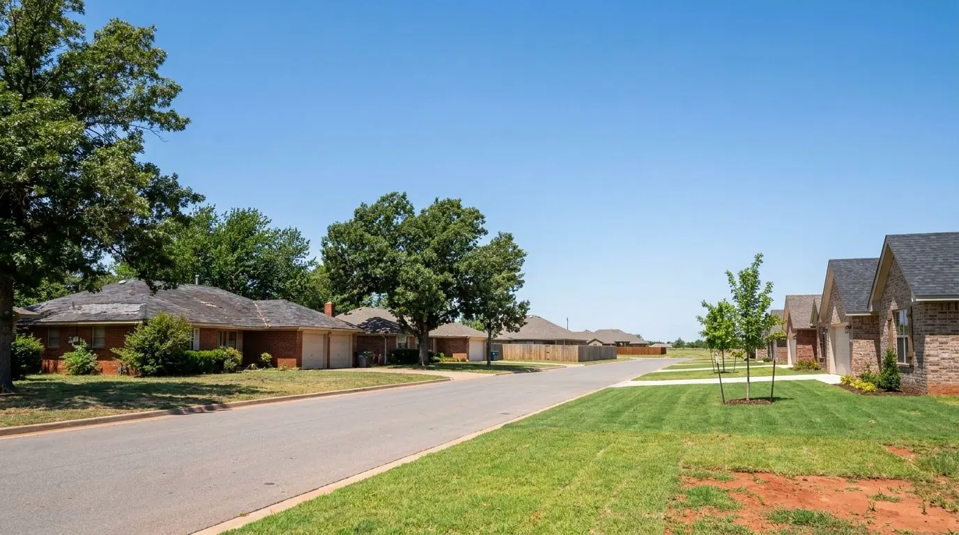 A street of one-story brick ranch homes with attached garages, some older with mature trees and some newer with young trees.