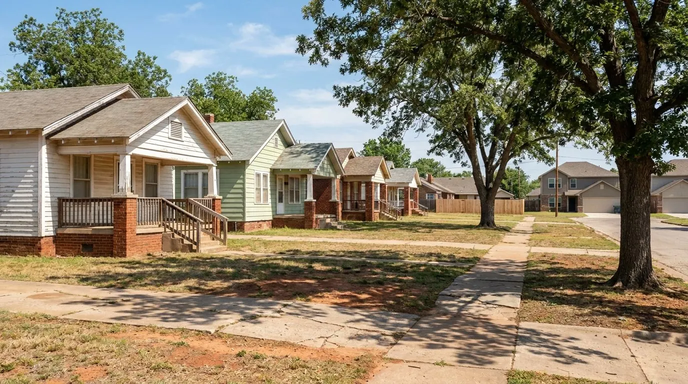 A quiet street of early and mid-1900s one-story frame and brick homes with front porches, raised slightly on pier-and-beam foundations under large shade trees.