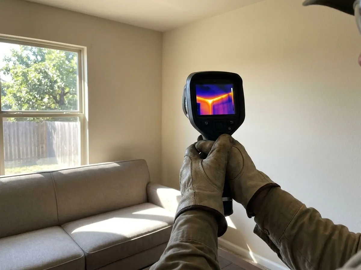 Gloved hands hold a thermal camera aimed at the corner where a wall meets the ceiling in a living room; the screen shows a bright warm streak along the corner against cooler walls.