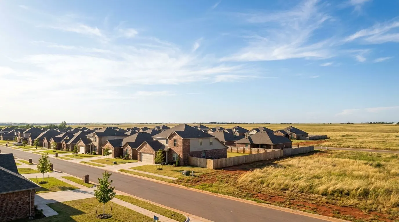 Rows of newer one- and two-story brick homes on flat open land at the edge of a growing subdivision, with a wide sky and wind-bent grass.